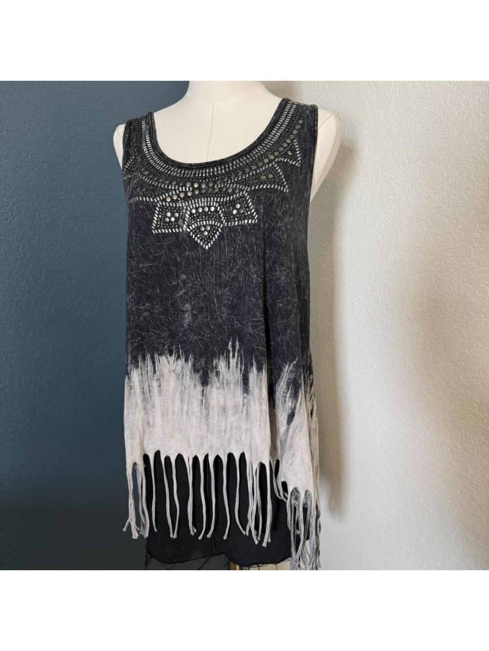 Western Grunge Fringe Tie Dye Embellished Tank, Large/XL